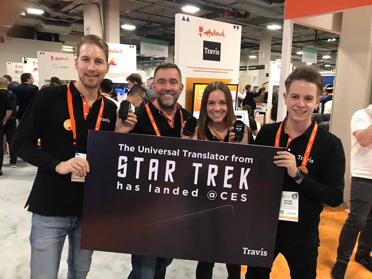 travisglobal's tweet photo. The universal #translator from STAR TREK has landed @CES 🔥
#CES2019 #technologynews #translate #LanguageLearning #AI #technology #CEStechnology #startups #software #smarttech #HollandCES #Hollandtech #networking #tech #CESmedia #CESpress #CESnews #technews #innovation #demos https://t.co/htcgTiMIMV