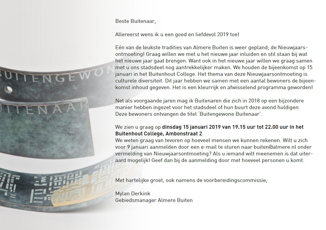 Dinsdag as is de Nieuwjaarsontmoeting van <a href="/almere_buiten/">Almere Buiten</a>  Buitenaren kunnen zich vandaag nog aanmelden, wees welkom! Meer informatie staat in de bijgevoegde uitnodiging.