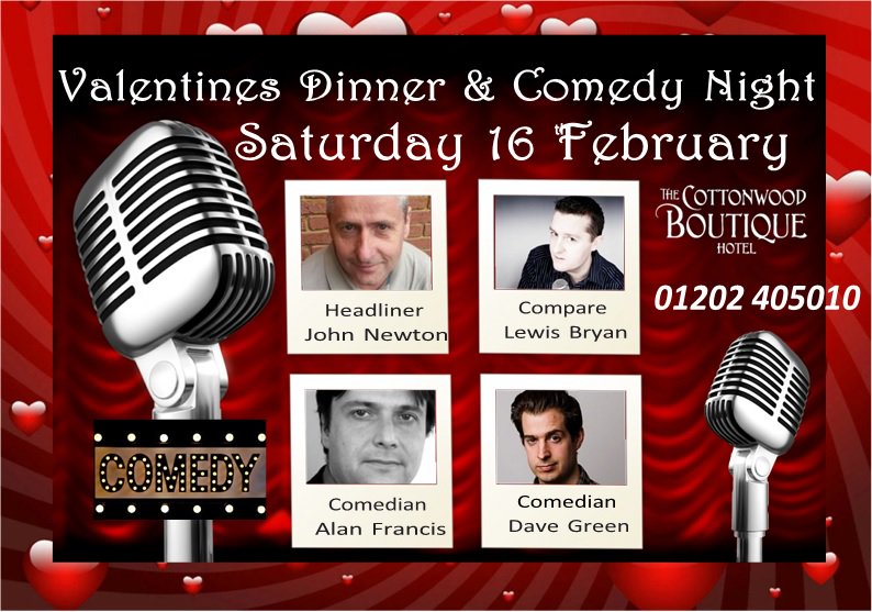 Try something different this valentine's

Join us 16th February for a 3 course dinner followed by 3 comedians at our comedy night.
3 Course Dinner £25pp
3 Course Dinner and Comedy Ticket £35pp
Comedy Ticket £10pp
Call on 01202 405010 or Email marketing@quantumhotelgroup.co.uk