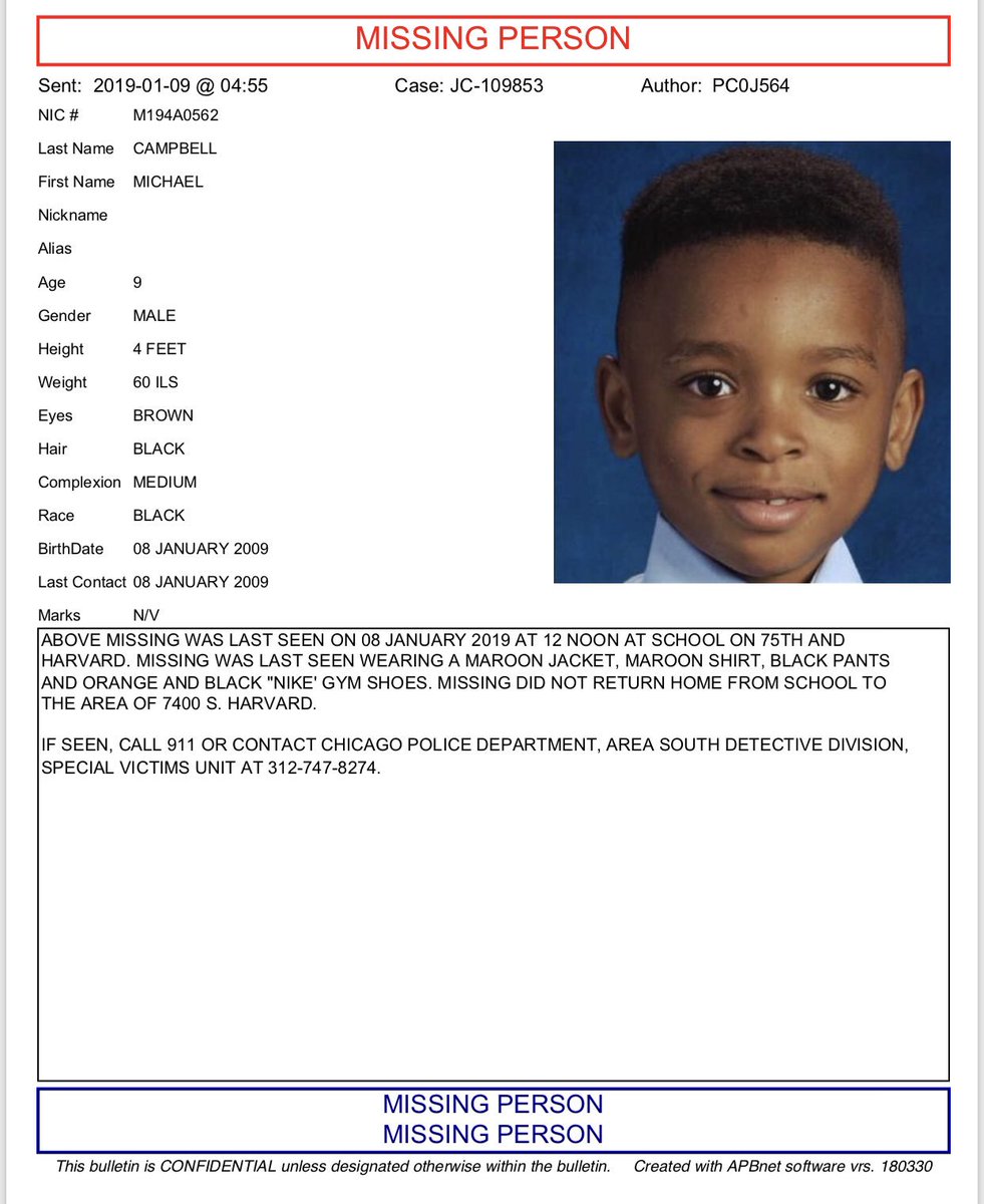 CGousman's tweet image. CHICAGO, we need to help finding this young boy. His name is Michael Campbell and he’s 9. He never returned home from school yesterday— he’s been missing all night. Right now his family is out searching for him after his book bag was found near 74th and Harvard. 
PLEASE SHARE.