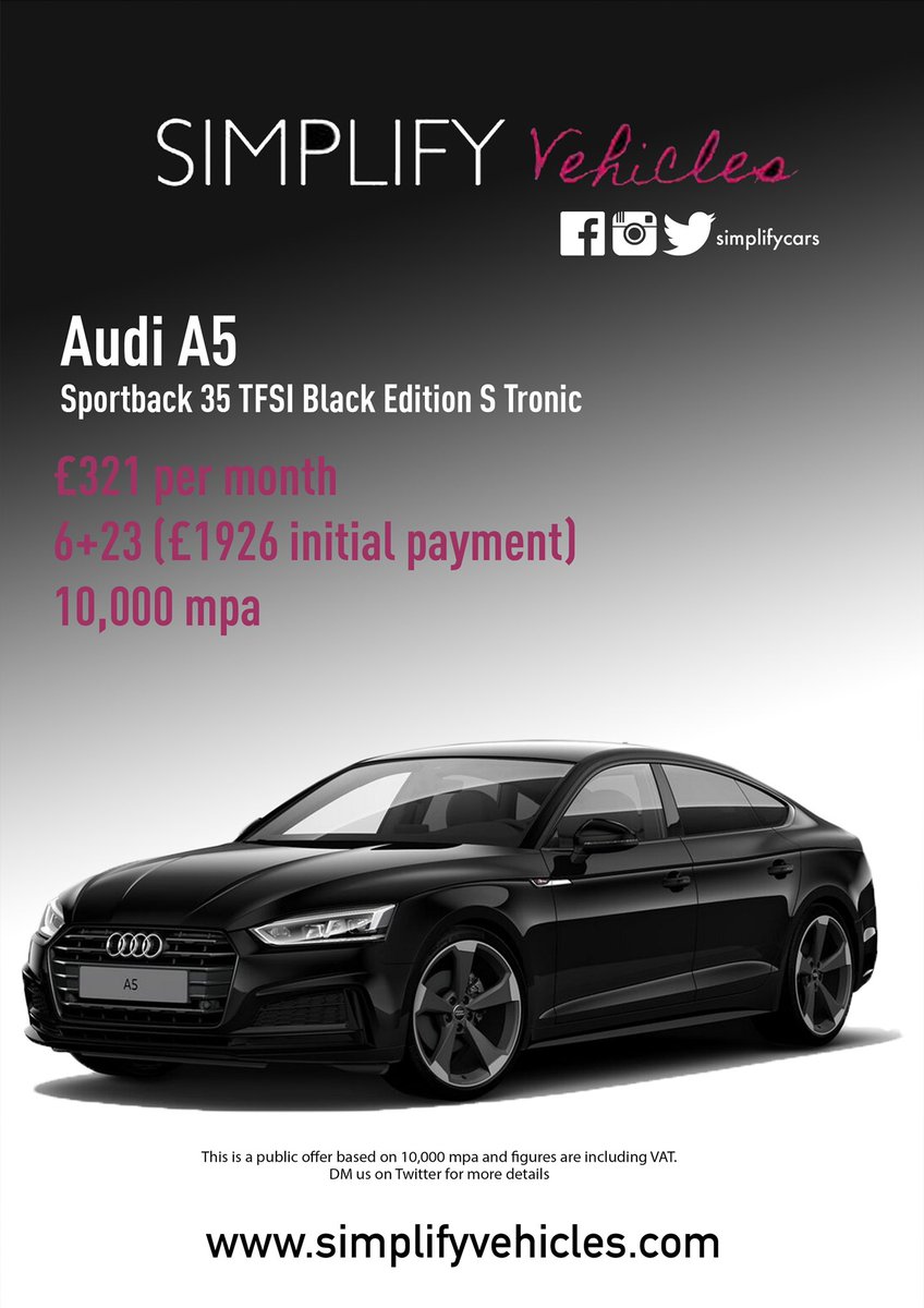 Simplifycars's tweet photo. PUBLIC OFFER | Looking for a new car this March? Look no further than this incredible offer on the Audi A5 Black Edition 🔥
Available from just £321 per month! Limited stock available #SimplifyOffer https://t.co/RXW92RTpcq