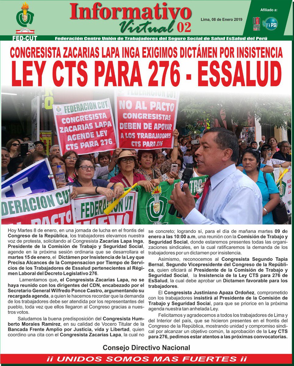 Federación CUT (@fedcut) on Twitter photo Congresista <a href="/Zacarias_Lapa/">Zacarías R. Lapa Inga 🇵🇪</a> agende Dictamen de Insistencia #Leyctspara276 <a href="/EsSaludPeru/">EsSalud Perú</a> <a href="/HumbertoTYL/">Humberto Morales</a> <a href="/BancadaFAperu/">Bancada FA 🇵🇪</a> <a href="/stapiab/">SEGUNDO TAPIA BERNAL</a> <a href="/JustinianoApaza/">Justiniano Apaza Ordoñez</a> <a href="/msalazarcongres/">Milagros Salazar</a> <a href="/yonhy_lescano/">Yonhy Lescano</a> <a href="/uniamericas/">UNI Américas</a> <a href="/IndiraHuilca/">Indira Huilca</a> <a href="/congresoperu/">Congreso del Perú 🇵🇪</a> Congresista <a href="/Zacarias_Lapa/">Zacarías R. Lapa Inga 🇵🇪</a> agende Dictamen de Insistencia #Leyctspara276 <a href="/EsSaludPeru/">EsSalud Perú</a> <a href="/HumbertoTYL/">Humberto Morales</a> <a href="/BancadaFAperu/">Bancada FA 🇵🇪</a> <a href="/stapiab/">SEGUNDO TAPIA BERNAL</a> <a href="/JustinianoApaza/">Justiniano Apaza Ordoñez</a> <a href="/msalazarcongres/">Milagros Salazar</a> <a href="/yonhy_lescano/">Yonhy Lescano</a> <a href="/uniamericas/">UNI Américas</a> <a href="/IndiraHuilca/">Indira Huilca</a> <a href="/congresoperu/">Congreso del Perú 🇵🇪</a>