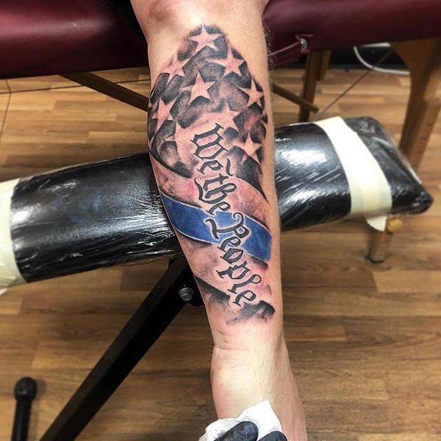 Thin Blue Line flag from Evan at Black Shamrock in Bakersfield CA Tricep  area  rtattoos