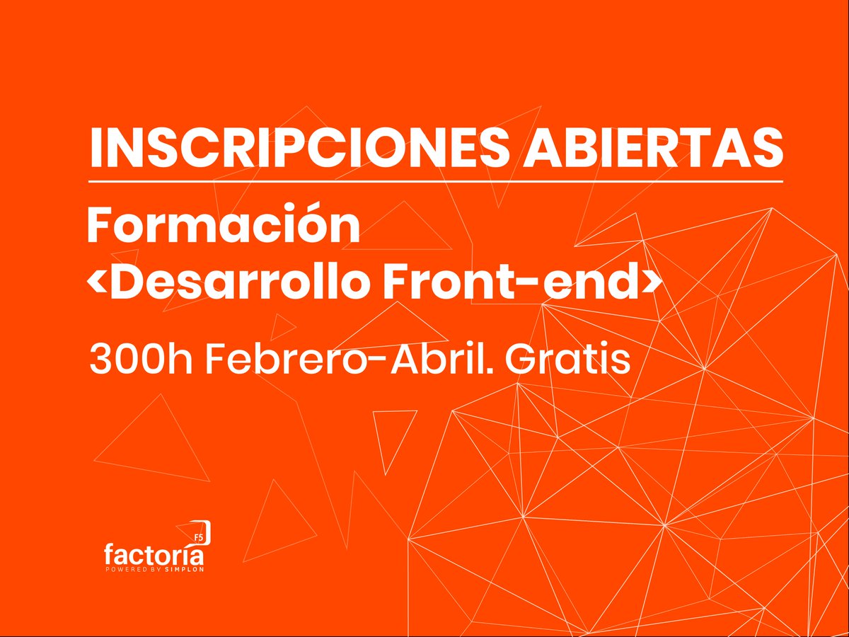 INSCRIPCIONES ABIERTAS
Este febrero aprende sobre HTML5, CSS3, Experiencia de usuario y Metodologías Agile con nuestra formación de 300 horas GRATUITA.
Toda la info e inscripciones aquí▶️http://www.factoriaf5.org/formacion-front-end/ …
Con la colaboración de @passworkbcn y @ElLlindar 🧡🤘