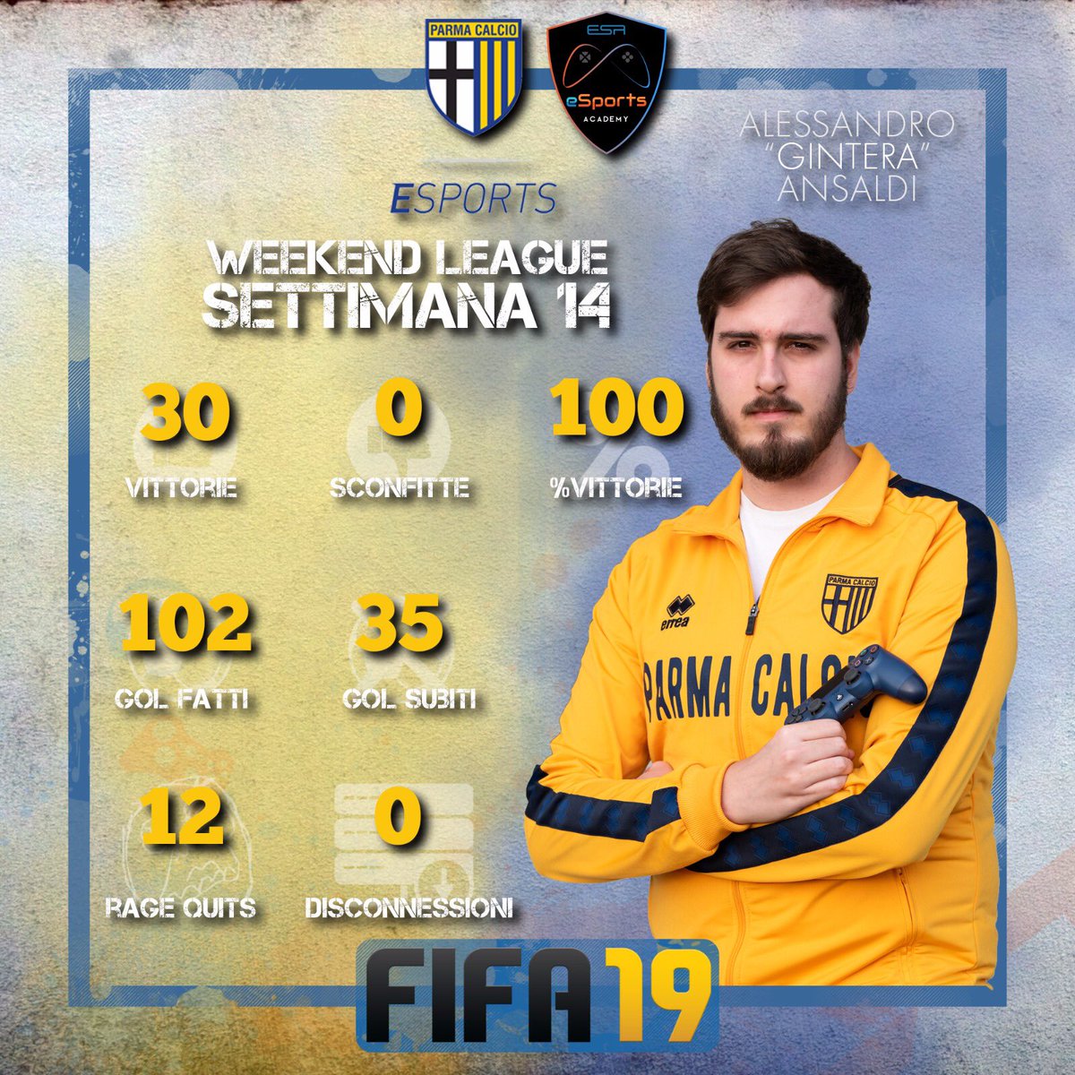 Esordio col botto con la maglia del @1913parmacalcio per @gintera96 che piazza un perentorio 30-0 in #weekendleague 14 @Miche_Tangredi 29-1 Mentre @bortowins e @Barba__21 del @BfcOfficialPage esordiscono con un 28-2