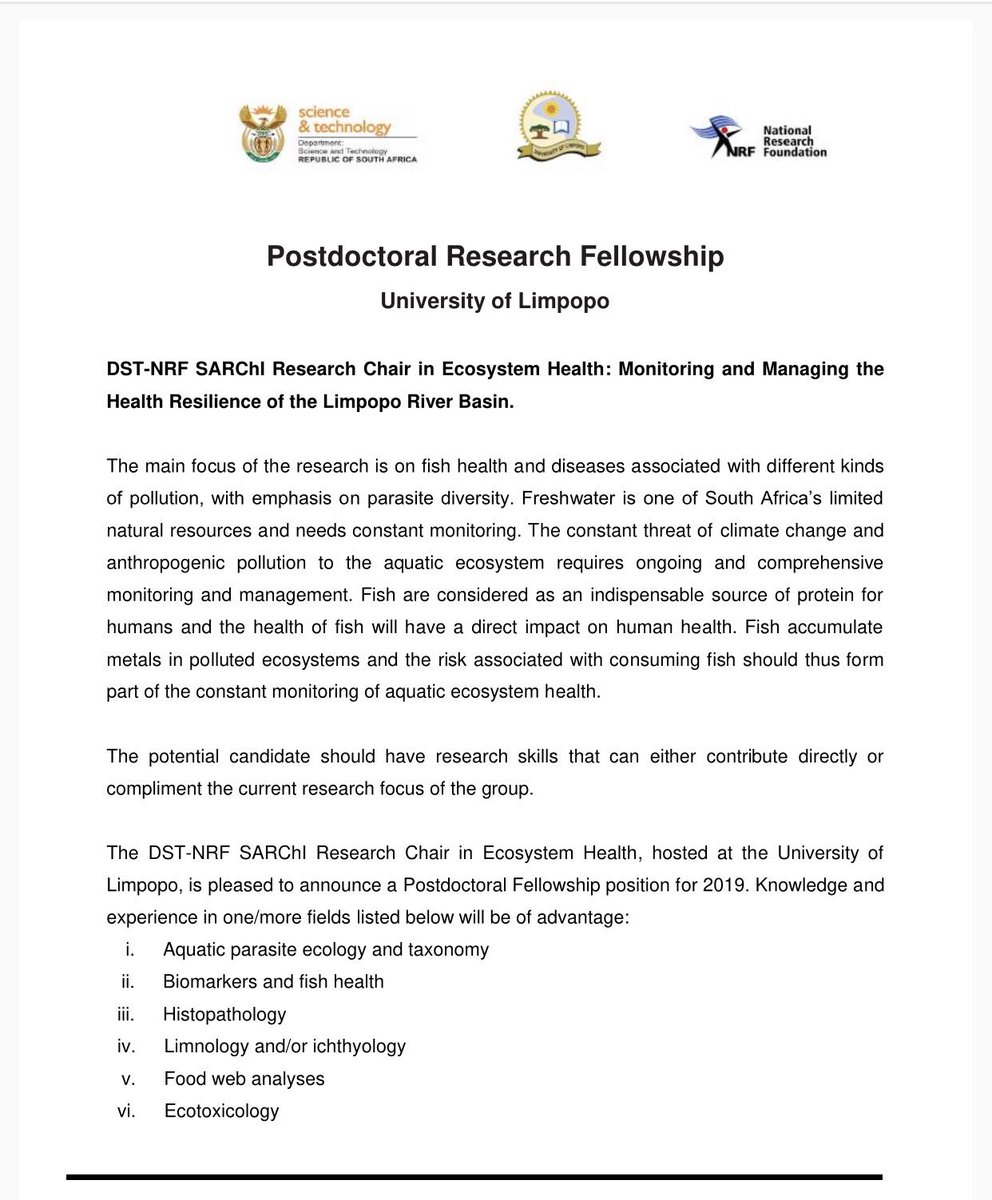 Call for a Post doc in Aquatic Health, in beautiful #Limpopo.
DM if any questions.
#SARChILuusPowell @ULvarsity an active productive group.
#PostDoc #AquaticHealth #fish #FishHealth #FishParasites #parasites #ResearchJob @ARCSouthAfrica
@parsaAFRICA @unam_na @NRF_SAASTA @NRF_News