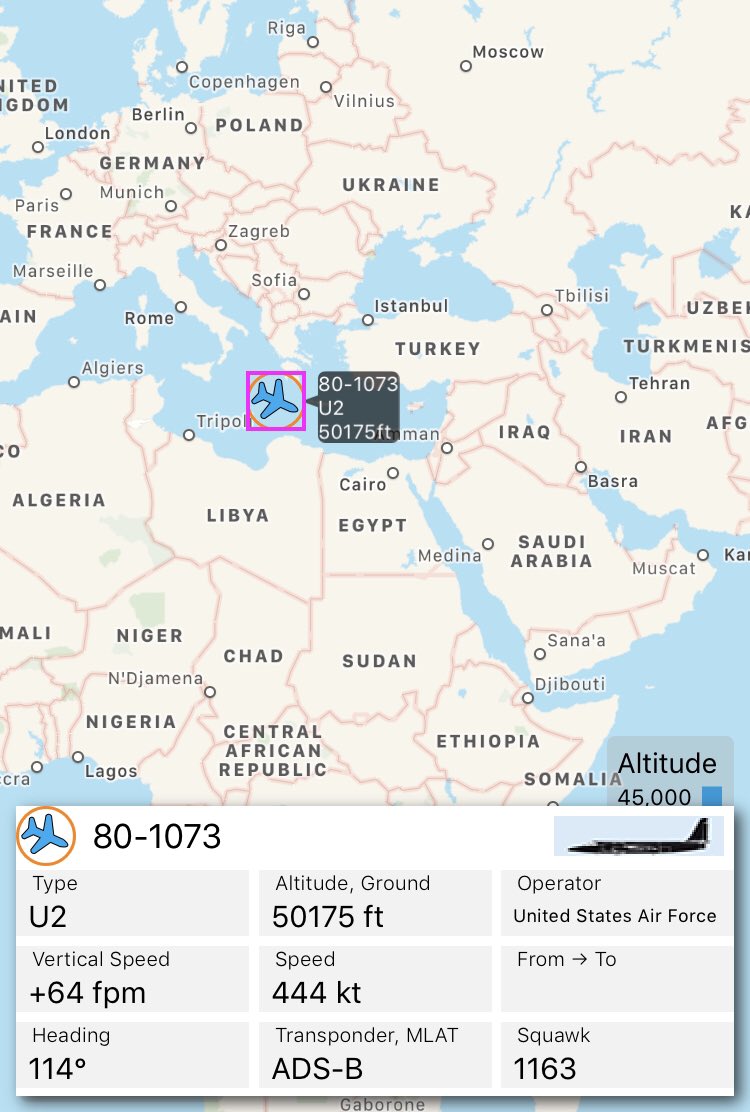 EightOneECHO's tweet photo. USAF Lockheed U-2S “Dragon Lady” tail nr 80-1073 airborne from RAF Fairford, UK 🇬🇧 now currently FL500 over the Med heading 114°. #9RW @9thRW 👨‍🚀🇺🇸 https://t.co/hpzd2HGQkB