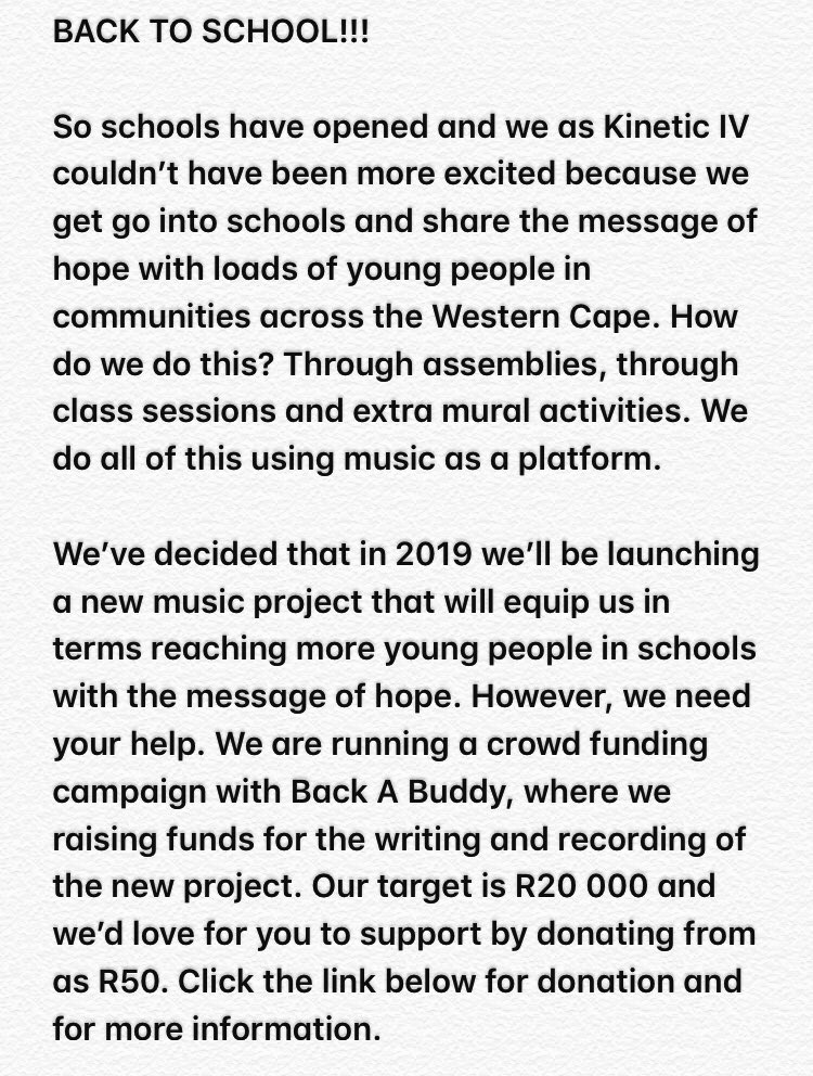 BACK TO SCHOOL!!!

Click Link: backabuddy.co.za/kinetic-iv-mus…