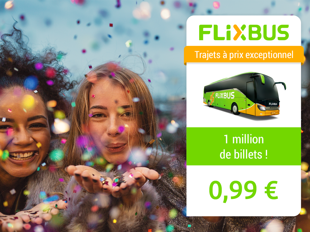 FlixBus_FR's tweet photo. Vous ne rêvez pas ! Pour 2019, notre résolution: vous permettre de voyager toujours plus: 1 MILLION de billets à 0,99€ sur https://t.co/GfCF0TVnfV et l’App! Paris-Lille, Lyon-Grenoble, Paris-Lyon, Rennes-Paris, Paris-Toulouse.... Profitez-en! #Soldes2019 #FlixBus #GoGreen 💚🚌 https://t.co/s8R9lF2WnE