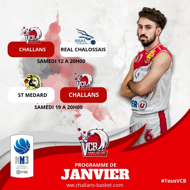 ⎮ Programme NM3 ⎮
C'est la reprise pour notre équipe #NM3, voici le programme du mois de janvier.
Et ça commence dès samedi prochain face à <a href="/realchalossais/">REAL Chalossais</a> .
On vous attend nombreux pour les encourager !!! 
⚪🔴📢
#TousVCB  #challans