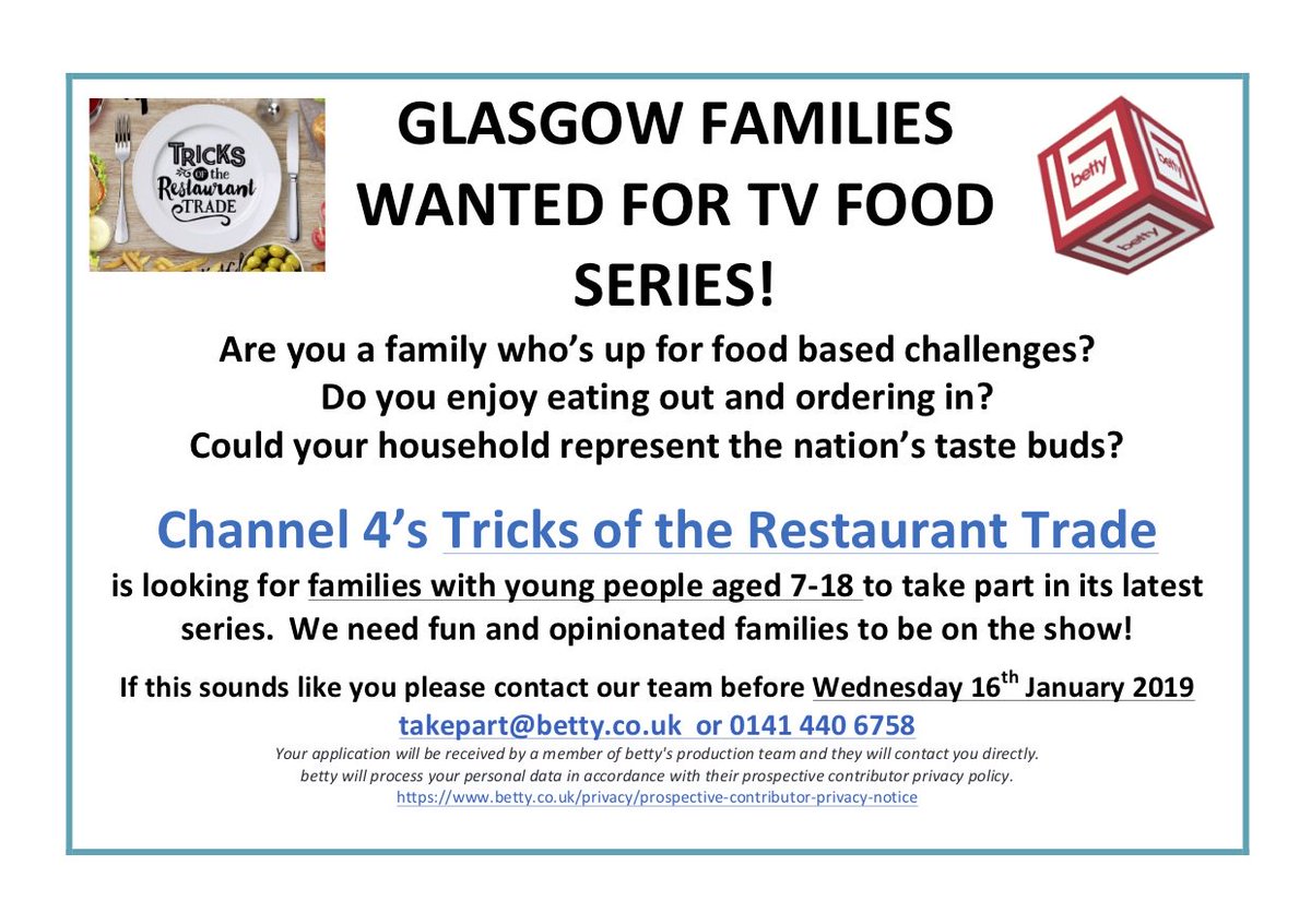 TricksOTRT's tweet photo. @EEFSaturdays Please RT? #Glasgow #families wanted for Ch4 TV series! Would you and your kids be up for some food based challenges? GET IN TOUCH THIS WEEK! takepart@betty.co.uk https://t.co/ROS3Pw5hKr