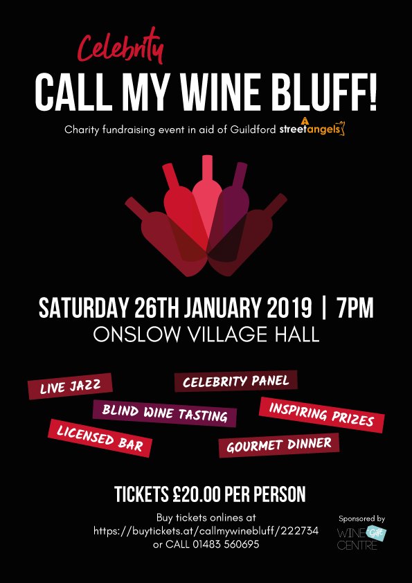 WaitersFriendCo's tweet image. Come &amp;amp; join us on 26th January at Onslow Village in Guildford for a fun charity fundraising Call My Wine Bluff evening. Including VIP panel, fantastic prizes, gourmet food, great wines &amp;amp; live jazz! If you'd like to help by providing wines or prizes please DM #winewednesday