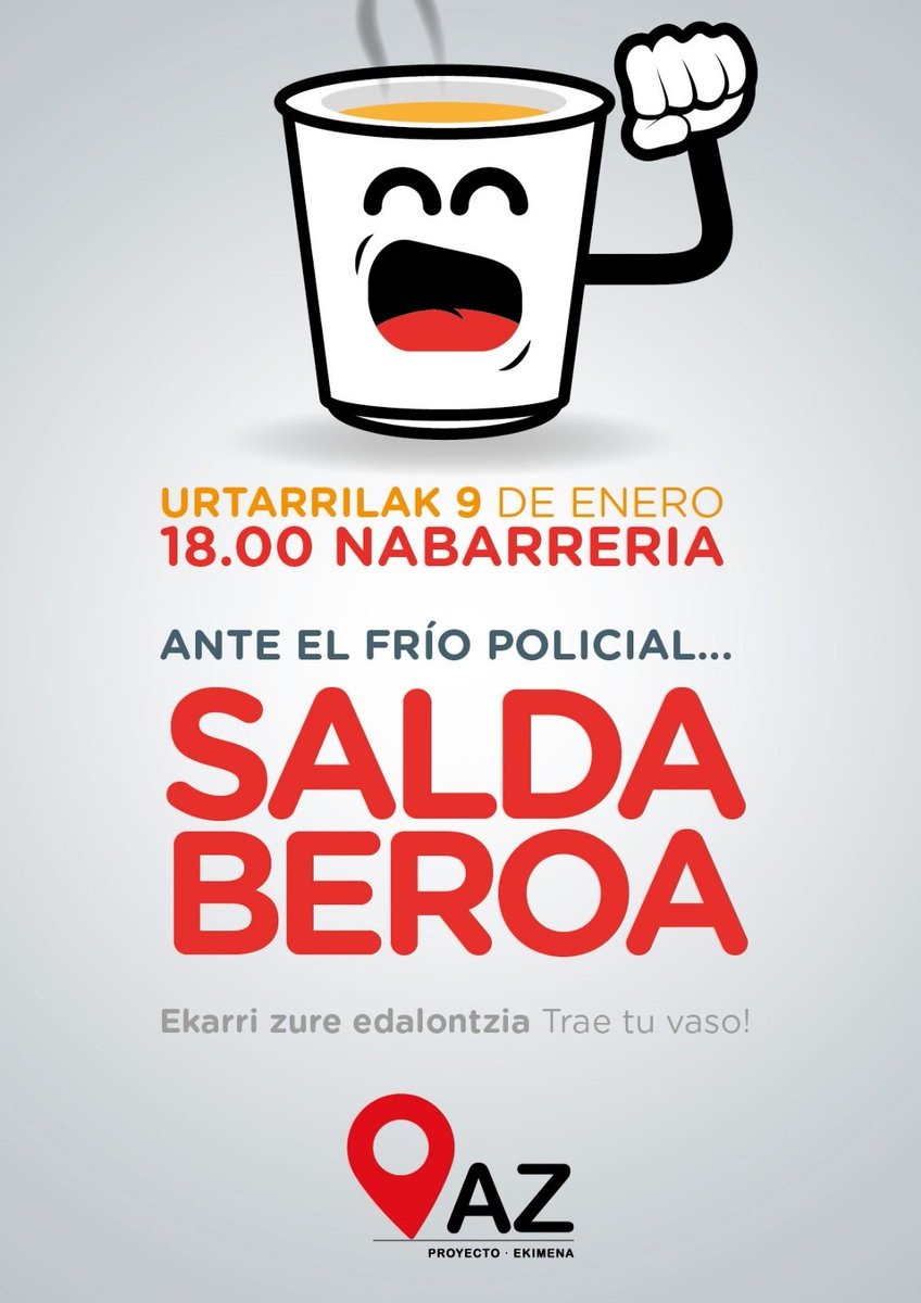 maravillasGTX's tweet photo. GAURKO EGITARAUA

Urtarrilak 9

- 17:00etan Prentsaurrekoa San Jose Plazan

- 18:00etan auzokideok (@AZekimena) antolatu dugun "Ante el frío policial, salda beroa!" Nabarreria plazan

- 19:00etan saldarekin bukatu eta gero Kazerolada auzotik barna!

#MaravillasHerriarentzat https://t.co/fzrHypoBkk