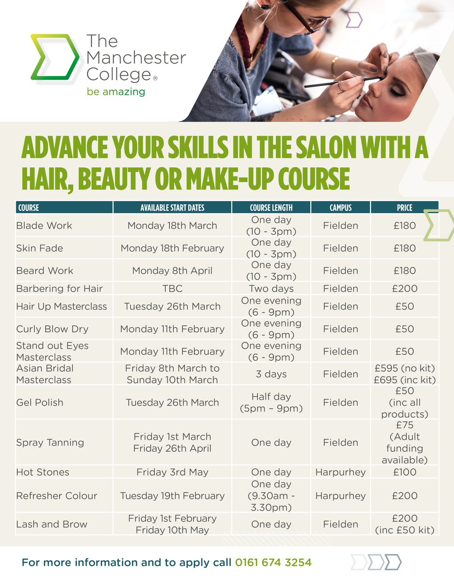 TheMcrCollege's tweet photo. Do you work in hair &amp; beauty and want to improve your skills or expand the range of treatments offered in your salon? We offer a range of short courses to do just that, from Beard Work to Gel Polish and more. Call 0161 674 3254 for more information and to apply. #BeAmazingTMC https://t.co/zpgtHBb2OH