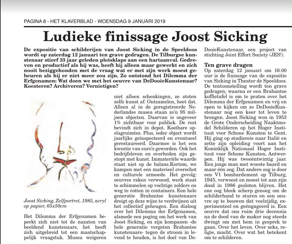carosicking's tweet photo. Vandaag in @hetklaverbladnl over de finissage van @dooiekunstenaar #Expo Joost Sicking @TheaterVught #erfgoed #DDK 12 januari 2019 16:00u https://t.co/ERK8KJ0lXR