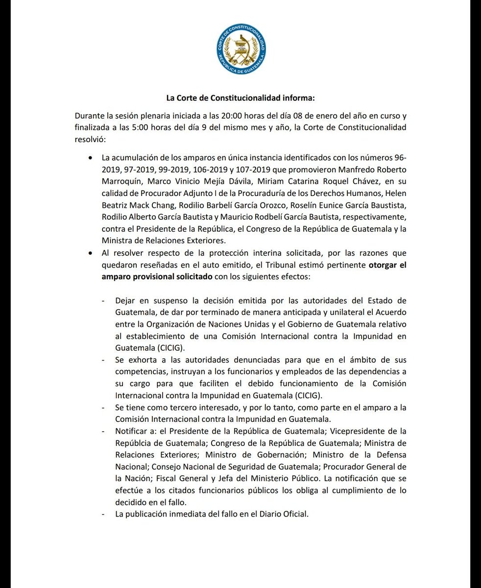 URGENTE:
La @CC_Guatemala
SUSPENDE la decisión del @GuatemalaGob del presidente @jimmymoralesgt de acabar en 24 horas con el convenio de la @CICIGgt