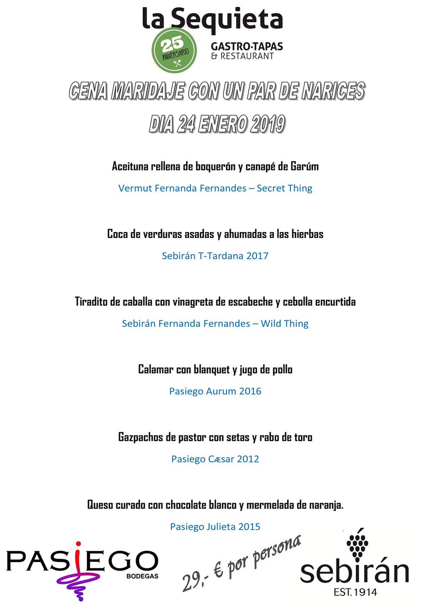 Este año empezamos con una cena maridaje “CON UN PAR DE NARICES” 
El 24 de enero en <a href="/LaSequietaRte/">La Sequieta Rest</a>  reservas en el 96-150 00 27
<a href="/Pasiego/">Luis Garcia</a> <a href="/Sebiran/">Bodega desde 1914</a> @sebasromeropozo #ConUnParDeNarices #winelover <a href="/DOUtielRequena/">Utiel Requena Wines</a> Te lo vas a perder?