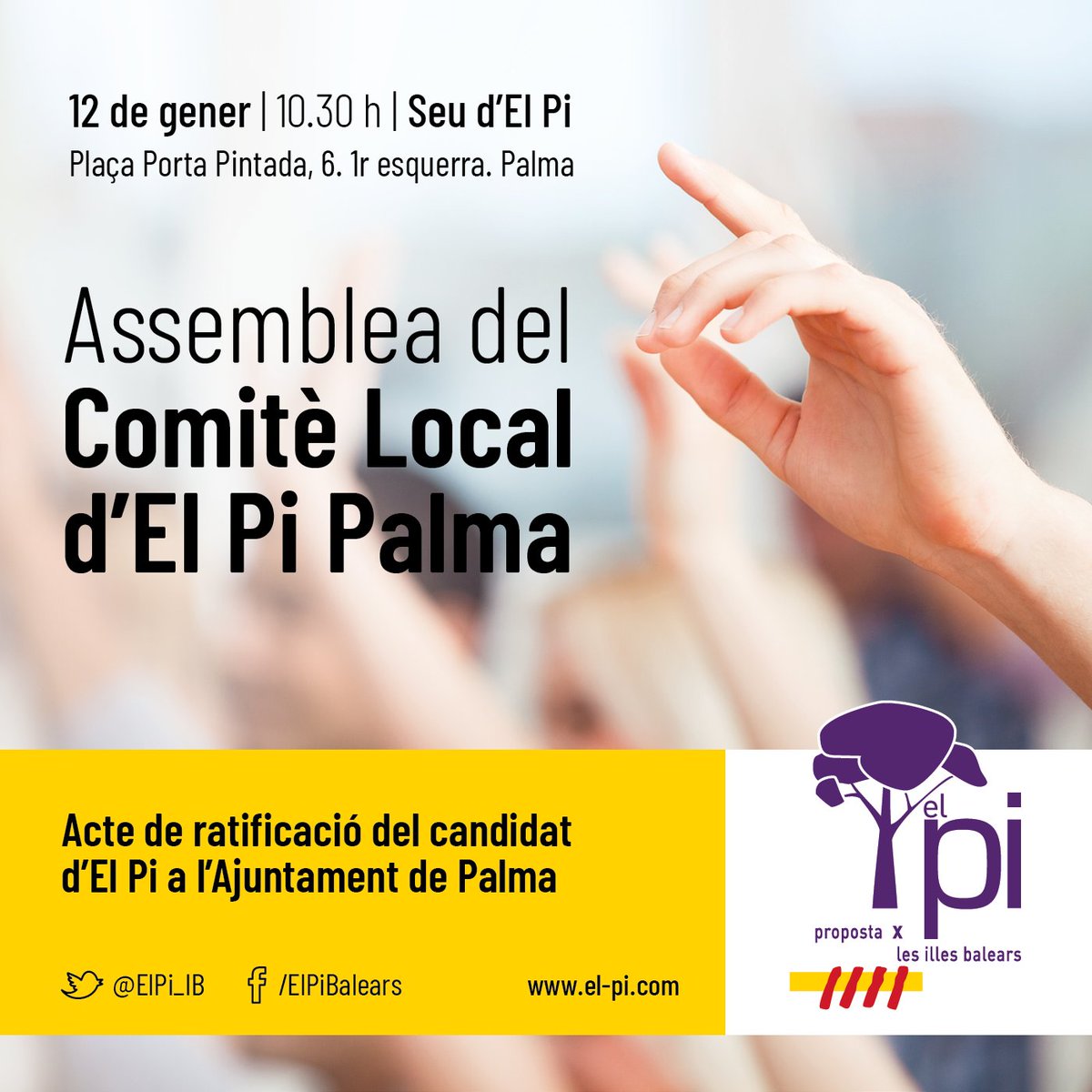 ElPi_Palma's tweet photo. ⚡️ Aquest dissabte, 🗓️ 12 de gener, és un dia molt important per a nosaltres. Per aquest motiu, no pots faltar a 👥 l'Assemblea del Comitè Local d'@ElPi_Palma que tendrà lloc a partir de les 🕥 10.30 hores a la 📌 seu d'@ElPi_IB a #Palma. ⬇️ T'hi esperam! 🙂 #CreixemAmbTu https://t.co/L8wBf0B5wA