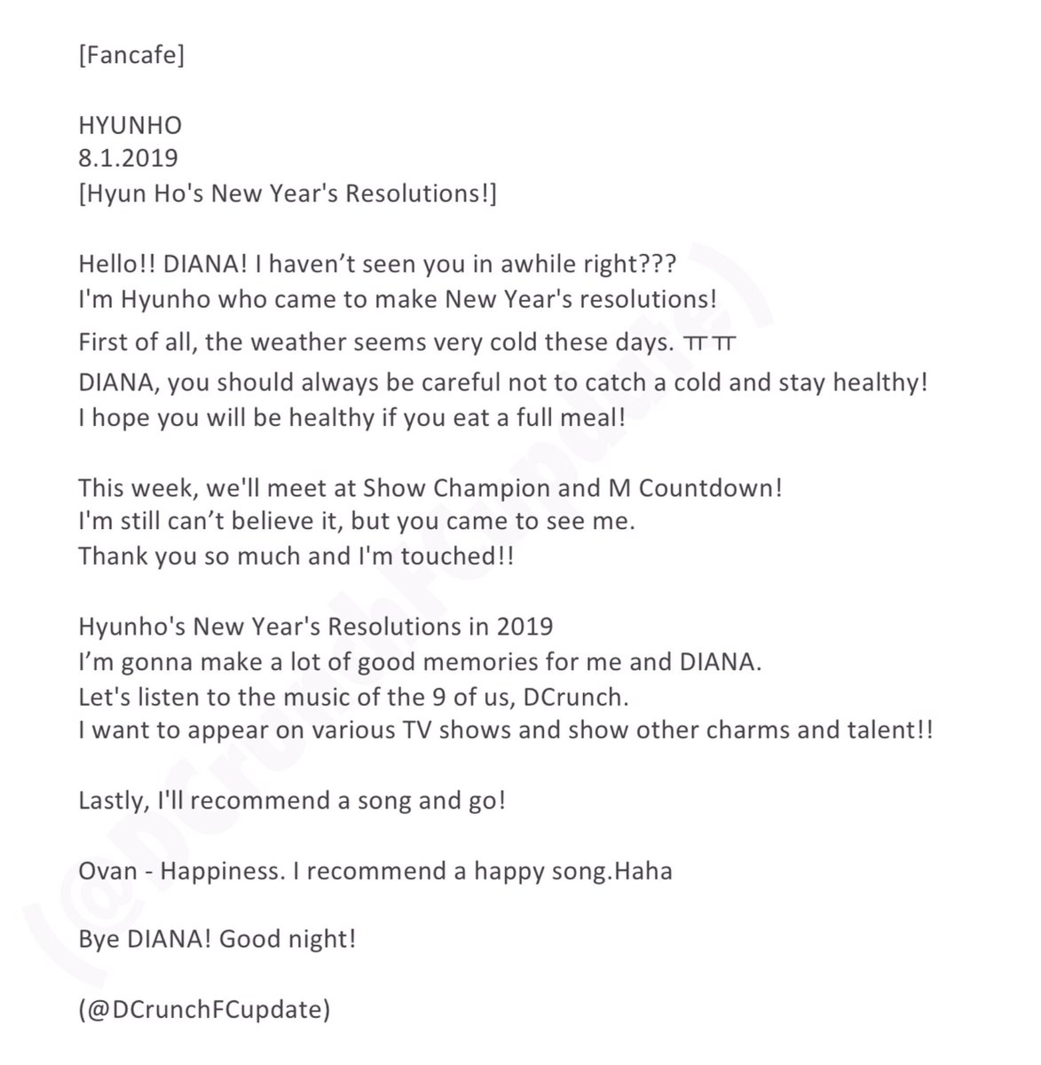 DCrunchFCupdate's tweet photo. [Fancafe]

HYUNHO
8.1.2019
[Hyun Ho's New Year's Resolutions!] https://t.co/hZ3TJMGYoF