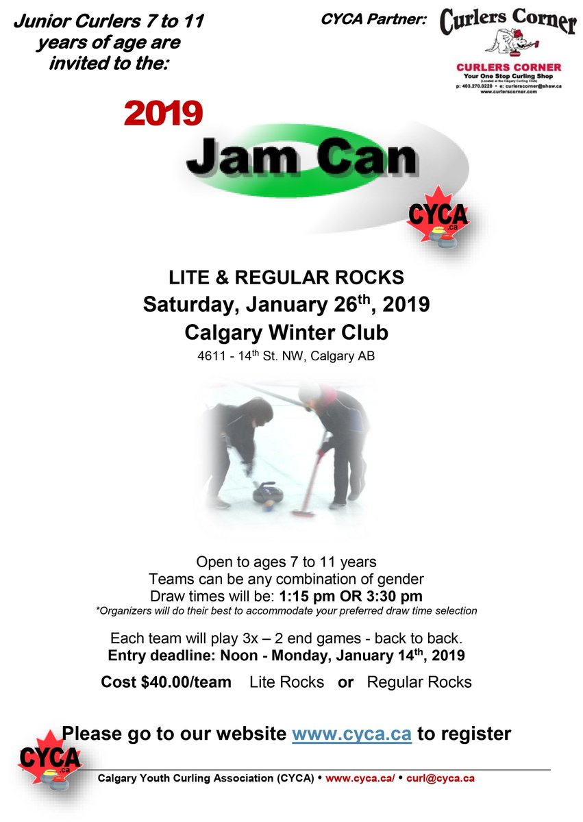 winterclub's tweet image. We're so excited that the Winter Club is hosting the CYCA Jam Can Bonspiel, and all those Junior Curlers at CWC ages 7 – 11 are encouraged to sign up! More information below but please contact Margo (CWC Team Coordinator) if you would like to sign up! #calgarycurling