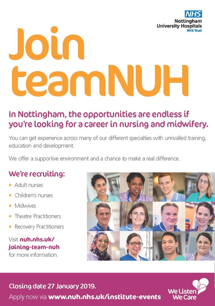 We are recruiting! If you are interested in coming to @TeamNUH  and <a href="/NUHSurgery/">NUH Surgery and Associated Services</a> or already work here but fancy a change, then please apply for the recruitment day. We are the colorectal ward and are looking for nurses to join our team Deadline 27/01/19  nuh.nhs.uk/institute-even…