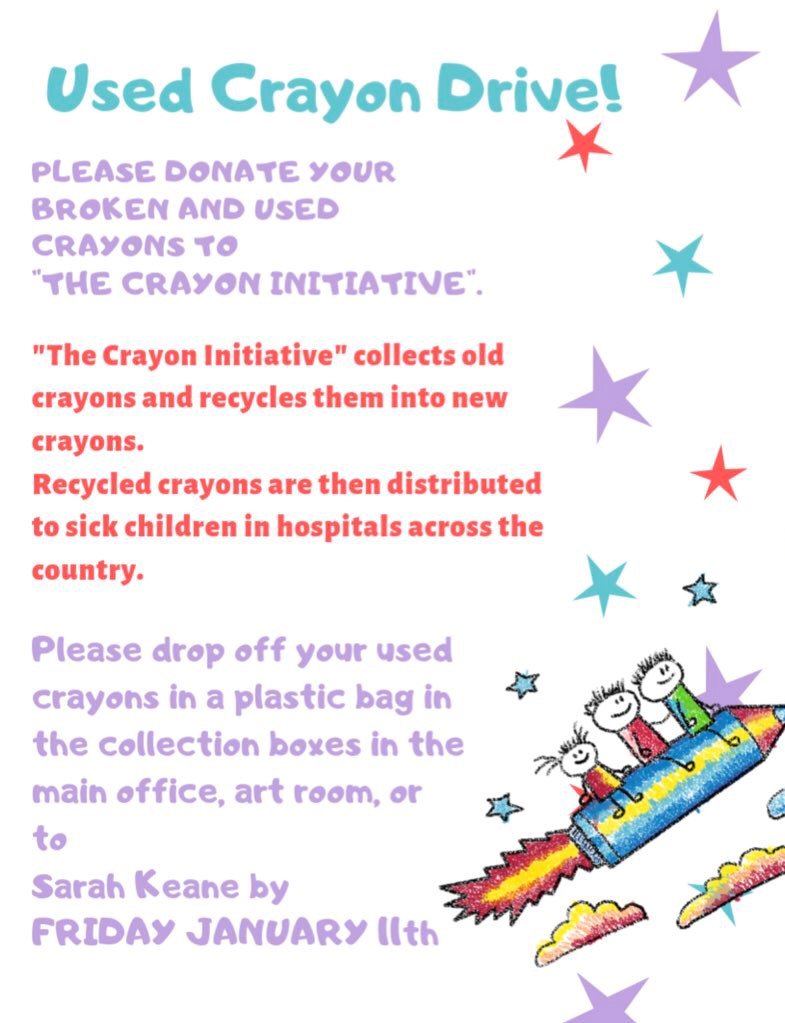 Bring in those old used crayons to the main office for a very special cause! Deadline - Friday, January 11! <a href="/TheManorSchool/">Seaford Manor School</a> <a href="/SeafordHarbor/">Diana Mchugh</a> <a href="/seaford_MS_NY/">SMS_NY</a> could you spread the word? Thank you!