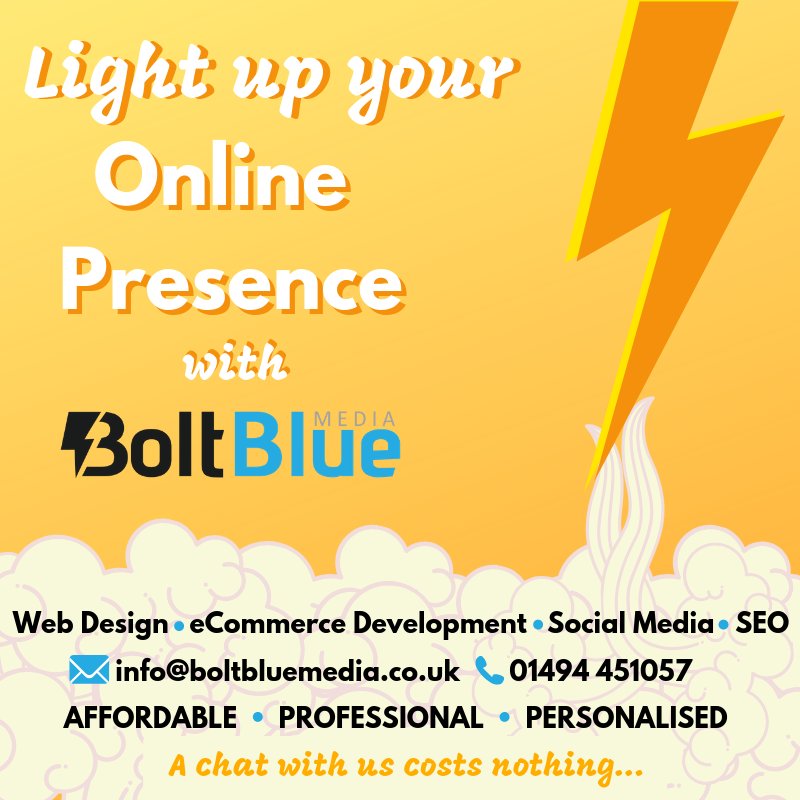 BoltBlue_Media's tweet photo. Light up your #online presence with BoltBlue Media. Local, friendly and affordable. #HighWycombe #Buckinghamshire #webdesign #webdevelopment #SearchEngineOptimization #digitalmarketing #marketing #emailmarketing #socialmediamarketing #miltonkeynes #aylesbury #BucksBusiness https://t.co/xKFBnElAqC
