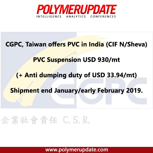 POLYMERUPDATE's tweet photo. PVC International offer:
CGPC, Taiwan offers PVC in India (CIF N/Sheva)
PVC Suspension USD 930/mt
(+ Anti dumping duty of USD 33.94/mt)
Shipment end January/early February 2019.
.
.
China General Plastics Corporation
#CGPC #PVCprice https://t.co/hwOUZ0B5QU