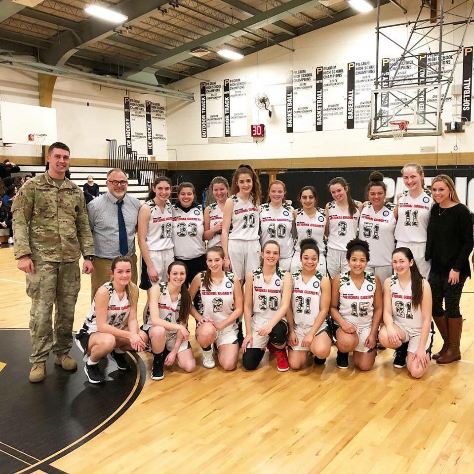 RIIL_sports's tweet photo. Pilgrim High School hosted Mt. Hope for the RIARNG Salute to Service Girls Basketball Game last night! Congratulations to the Half Time Challenge winners Nick and Cat! #RIArmyGuard  @ Pilgrim High School https://t.co/ZaHMhqFygN