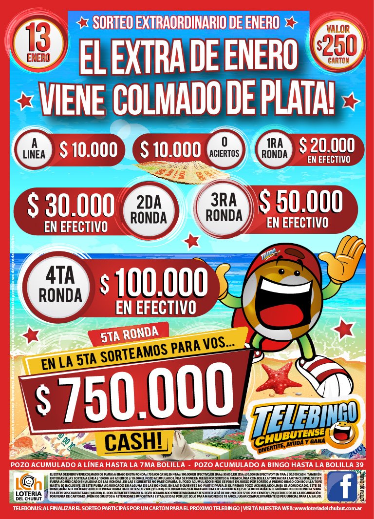 IAS_Chubut's tweet photo. El #Telebingo #Chubutense sorteará el domingo 13 de #Enero más de un #millón de #pesos en #premios. El valor del cartón es de $250. #lotería #cash #Chubut #efectivo #Vacaciones #suerte #vos #jugas #ganamos #todos #Extraordinario https://t.co/LsAfL8Hb3y