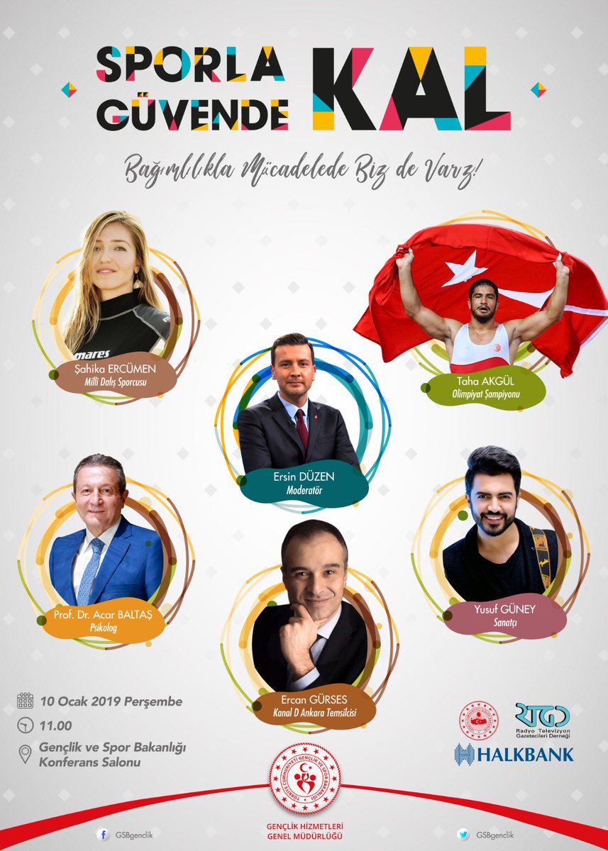 Bağımlılıkla Mücadelede Biz de Varız!
"Sporla Kal Güvende Kal" programımız birbirinden değerli konukların katılımıyla 
📆10 Ocak Perşembe 
⏰11.00'de 
📍Bakanlığımız Konferans Salonunda gerçekleşecektir.
Tüm gençlerimizi bekliyoruz.