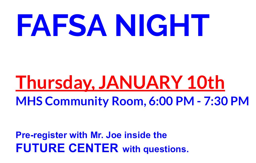 therise_mhs's tweet photo. Don't forget.  Tomorrow is the last FAFSA Night! Last chance to have someone walk you through the Financial Aid application process.   #MiddieRising #ThisIsWe @CBI_Middletown https://t.co/kKOEIcTsNk
