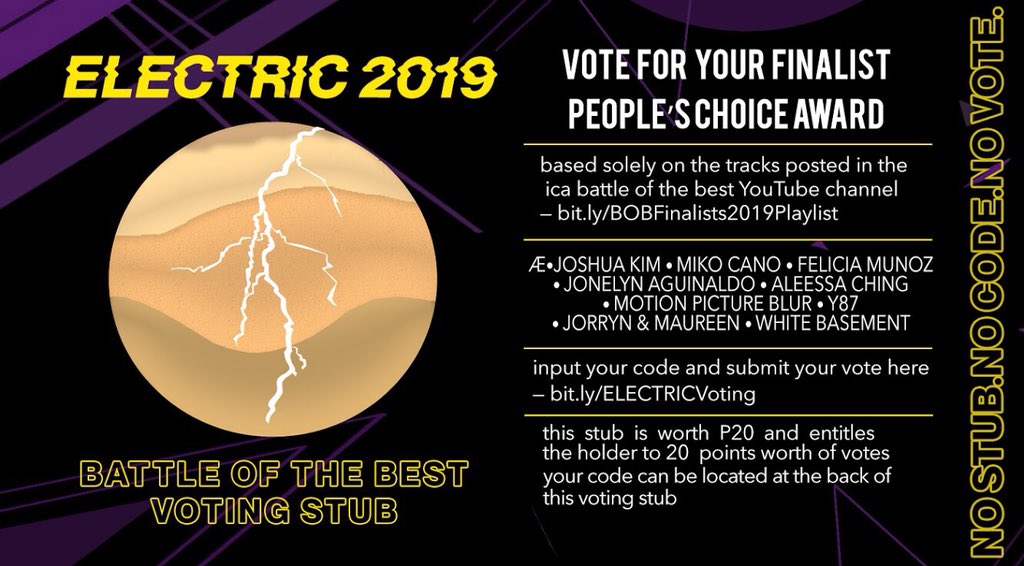 ICAFairComm's tweet image. Now YOU get to decide who wins this year’s People’s Choice Award. 

Starting next week, voting stubs will be available from any ICA Battle of the Best Committee member for only P20, follow mechanics and enter your votes here: bit.ly/ELECTRICVoting 

Voting Stub by Chantel Ong
