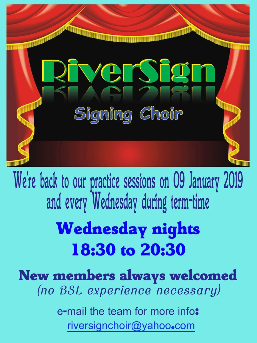 RiverSignChoir's tweet photo. 😁We're baaaaack!!!! 😁

After lovely Christmas break we are looking forward to practicing again tonight!

🎉 New members very welcome!
👍 No previous signing skills required! https://t.co/DzWTieMqJa