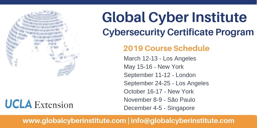 GCI is pleased to announce the 2019 Cybersecurity Certificate Program Schedule! Register for one of these courses by January 31st and receive a 25% discount on tuition. Email info@globalcyberinstitute for more info or visit globalcyberinstitute.com/courses to register. <a href="/dbgarrie/">Daniel Garrie</a> <a href="/dcass001/">David Cass, CISSP, CGEIT, CISM, CRISC, CIPP/ E/ US</a>