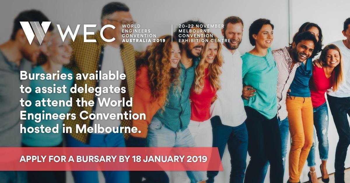 wfeo's tweet photo. World Engineers Convention 2019 #WEC19Aus is pleased to advise that applications are open for the Conventions bursary program.
Visit https://t.co/AqfHloHZNO to view the terms and conditions.
#WFEO50 @EngAustralia #Engineers4SDGs #Engineer #Engineers #WFEOEng4SDG #globalgoals https://t.co/0XnXxIEnem