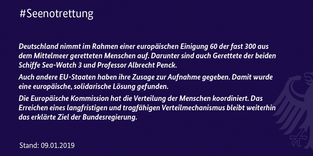 Deutschland nimmt im Rahmen der europäischen Einigung 60 der rund 300 aus Seenot geretteten #Flüchtlinge auf. #Malta #SeaWatch  #ProfessorAlrechtPenck