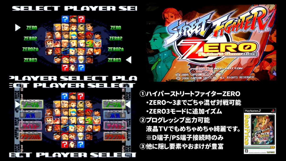 Twitter पर みずぴん レトロゲームの壺 Ps2 ストリートファイターzero ファイターズ ジェネレーション 隠し要素が多く4作品 おまけ多数 目玉は ハイパーストzreo 各作品全キャラ対戦可能 追加ismもあり優秀な対戦ツール Cpu可 です 個人的にはポケット