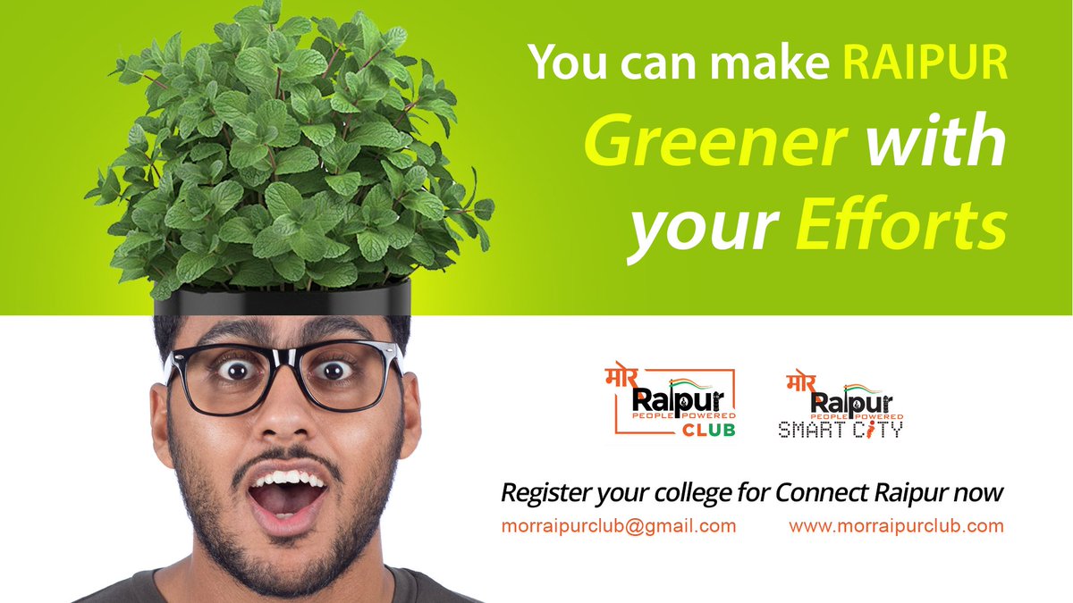 RaipurSmartCity's tweet photo. If you are a nature loving college student studying in Raipur and have innovative ideas to make #Raipur city greener using innovative techniques to maintain and sustain open spaces, increase green cover etc then register your college for #ConnectRaipur now.
#MorRaipur https://t.co/PesZaecjts