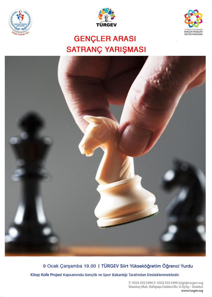 Türgev Kitap Kafe kapsamında 'Gençler Arası Satranç Yarışması' bugün saat:19.00' da. Tüm gençlerimiz davetlidir. <a href="/GSBgenclik/">Gençlik Hizmetleri</a>proje @GSBgenclik <a href="/gencliksporbak/">Gençlik ve Spor Bakanlığı 🇹🇷</a> <a href="/turgev/">TÜRGEV</a>