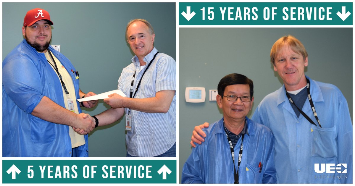 UECElectronics's tweet photo. Congratulations to Chris and Minh (both pictured left). This month marks their 5th and 15th anniversary at UEC Electronics. We are grateful for their hard work and dedication! https://t.co/LCHdItsVtI