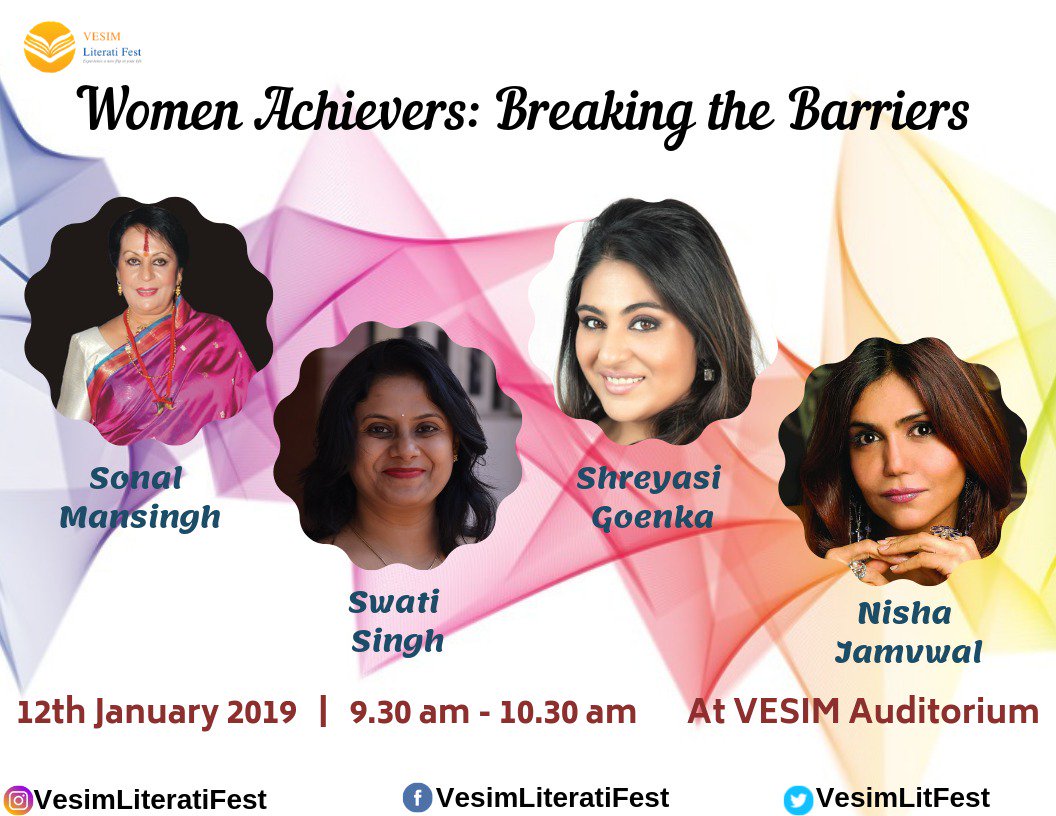 Pleasure to have great personalities like <a href="/sonal_mansingh/">Sonal Mansingh</a> <a href="/ProfSwatiSingh/">Swati Singh</a> <a href="/anvivud/">Shreyasi Goenka</a> <a href="/nishjamvwal/">Nisha JamVwal</a> on board <a href="/VESIMLitFest/">vesimliteratifest</a> on 12th January 2019 from 9:30 am onwards who will speak about women empowerment. #VesimLitFest #womenempowerment #WednesdayWisdom #session #SaturdayMorning