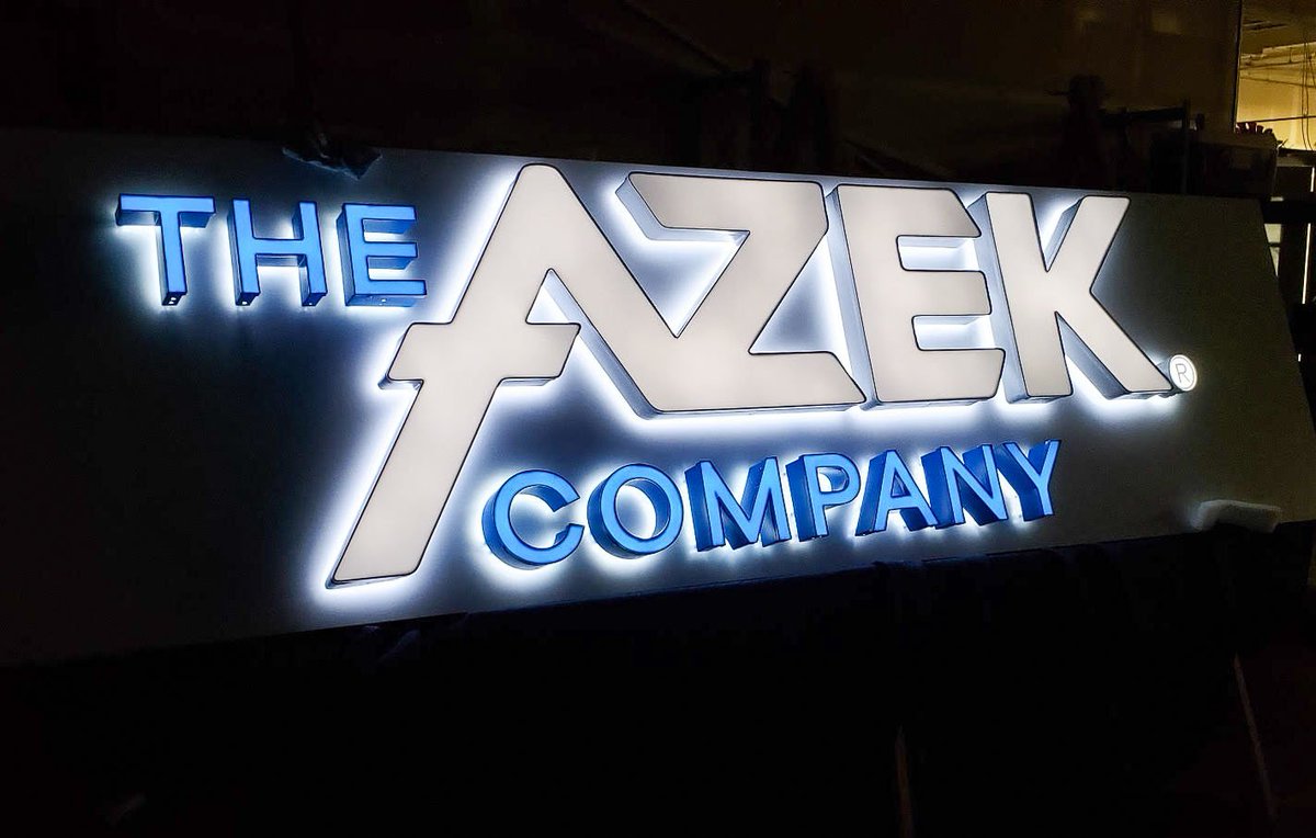 Check out The Azek Company's new illuminated channel letter sign! Complete with custom, front and back lit channel letters, this sign is a stunner. #abbottimagesolutions #signage #signshoplife #morethanjustsigns #channelletters #illuminatedsignage #theazekcompany #illuminatedsign