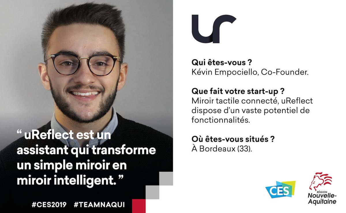 NvelleAquitaine's tweet photo. Pour le #CES2019 28 entreprises font partie de la #TeamNAqui !  Aujourd'hui on vous présente @u_reflect   >> https://t.co/WImzNfMPqh

Prenez 5 minutes pour les découvrir >> https://t.co/jsEC1vFVOS https://t.co/xLdaxqToD0