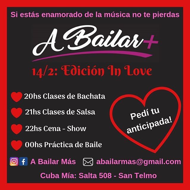 ABailarMas's tweet photo. Se develó el misterio! 😲
Esta es nuestra propuesta para el #jueves 14/02 ❤️
Venta de anticipadas hasta colmar capacidad! 😉
.
.
.
.
.
#abailarmas #ElLugarDondeTodosNosEncontramos #cenashow #clasesdesalsa #clasesdebachata #pistadebaile #musica #comida #tragos #amigos #encuentr… https://t.co/P205HsMBmW