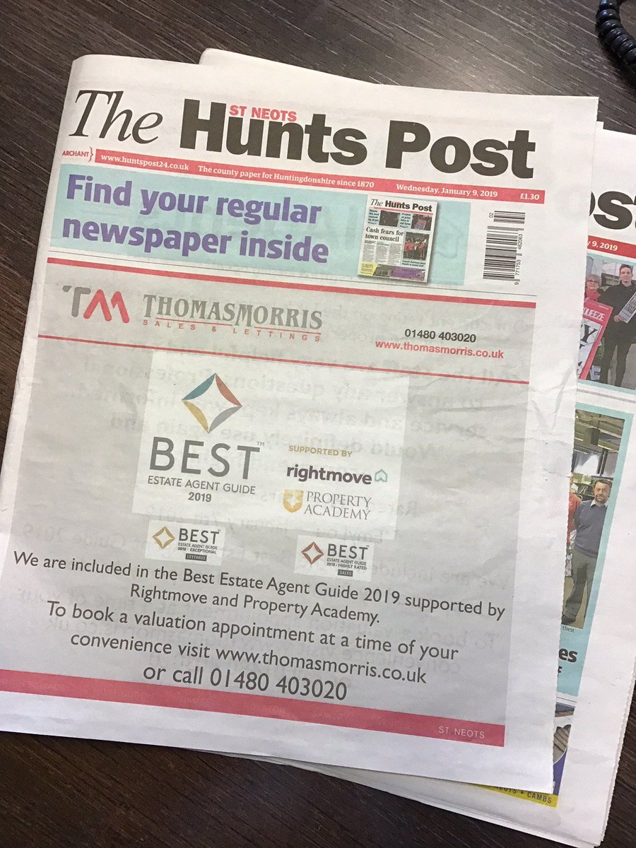 We're in the <a href="/BestEAguide/">Best EA Guide</a> 2019 supported by <a href="/rightmove/">Rightmove</a> and @propacad as seen on the front page of the #StNeots edition of the <a href="/huntspost/">Hunts Post</a>!
Click here to see us in the guide...
bestestateagentguide.co.uk/search/?locati…

Click here to book a valuation appointment online...
thomasmorris.co.uk/free-property-…