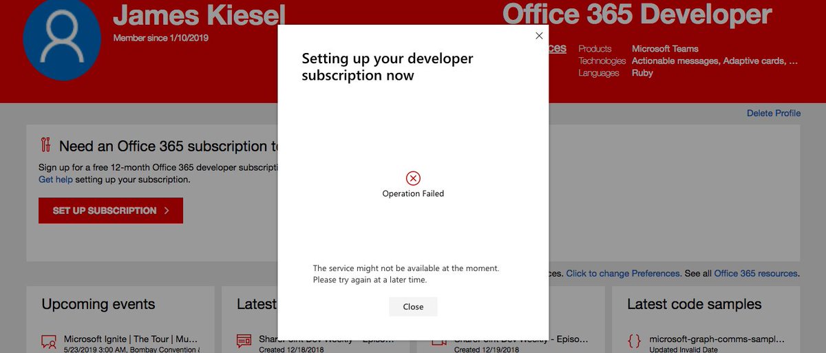 gdpelican's tweet photo. Hey @MicrosoftTeams I am trying to set up a Developer360 account to create a Connector for a Teams app, per here (https://t.co/1A5pYoebEe), but it broken.

Where do I get support for this? https://t.co/mScUDqT1f2