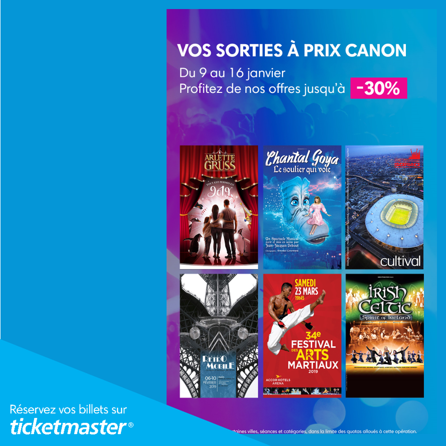 [SOLDES]
Vos sorties à prix canon ! Profitez de nos offres jusqu'à -30% du 9 au 16 janvier !
🎟️ bit.ly/TM_Soldes

Avec : Cirque Arlette Gruss, Chantal Goya, Irish Celtic - Spirit of Ireland, Les Coulisses du Stade de France, Rétromobile, 34ème Festival des Arts Martiaux..
