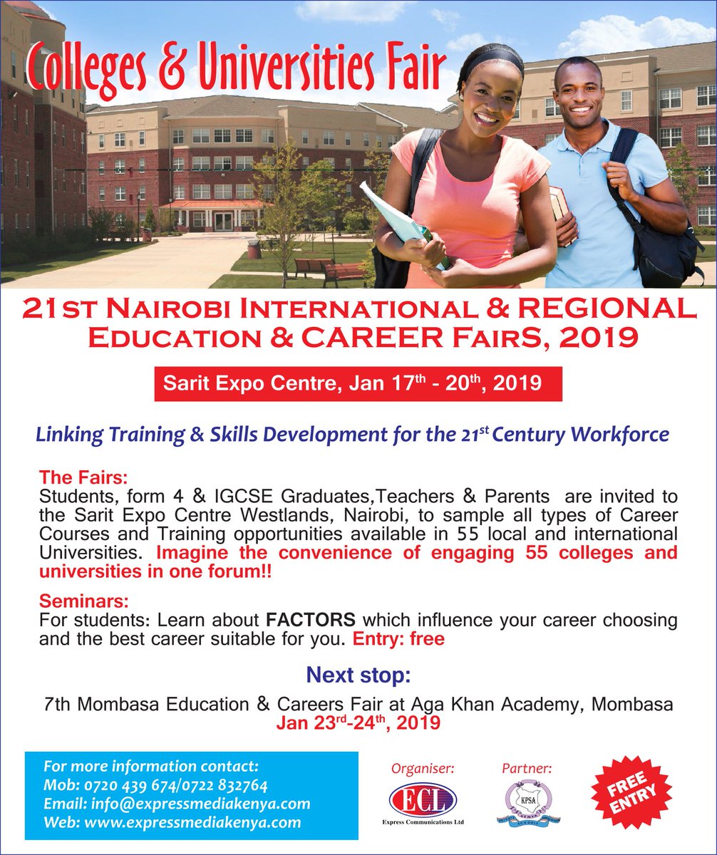 Visit Nairobi International Education Fair going down from January 17th - 20th 2019 at Sarit Centre and meet Professionals in Education and Career Sector who will help You make wise decisions on Education and Careers....!!!! #NairobiEduFair2019