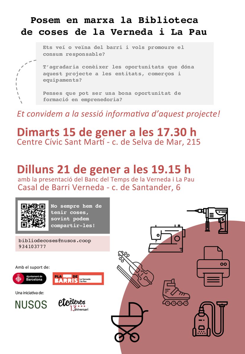 nusosSCCL's tweet image. 📢Ets veí/veïna de la Verneda i la Pau i vols formar part de la Biblioteca de les Coses?
☝️bit.ly/2Rjg03J
📅 Sessions informatives obertes
       Dt. 15/01, 17.30h CC St. Martí
       Dl. 21/01, 19.15h Casal Barri Verneda Alta
#EconomiaVerda #Verneda #LaPau